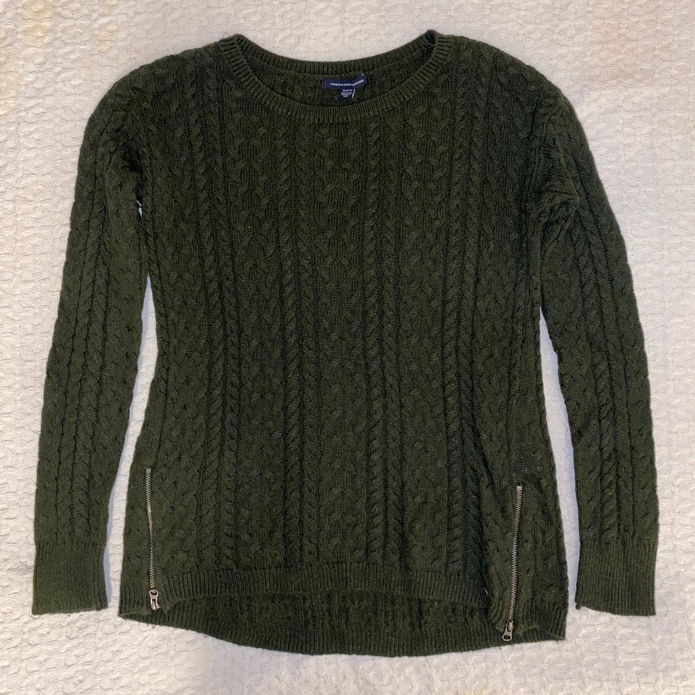 American Eagle Pullover Knit Sweater w/ Zippers Size Medium Dark Green